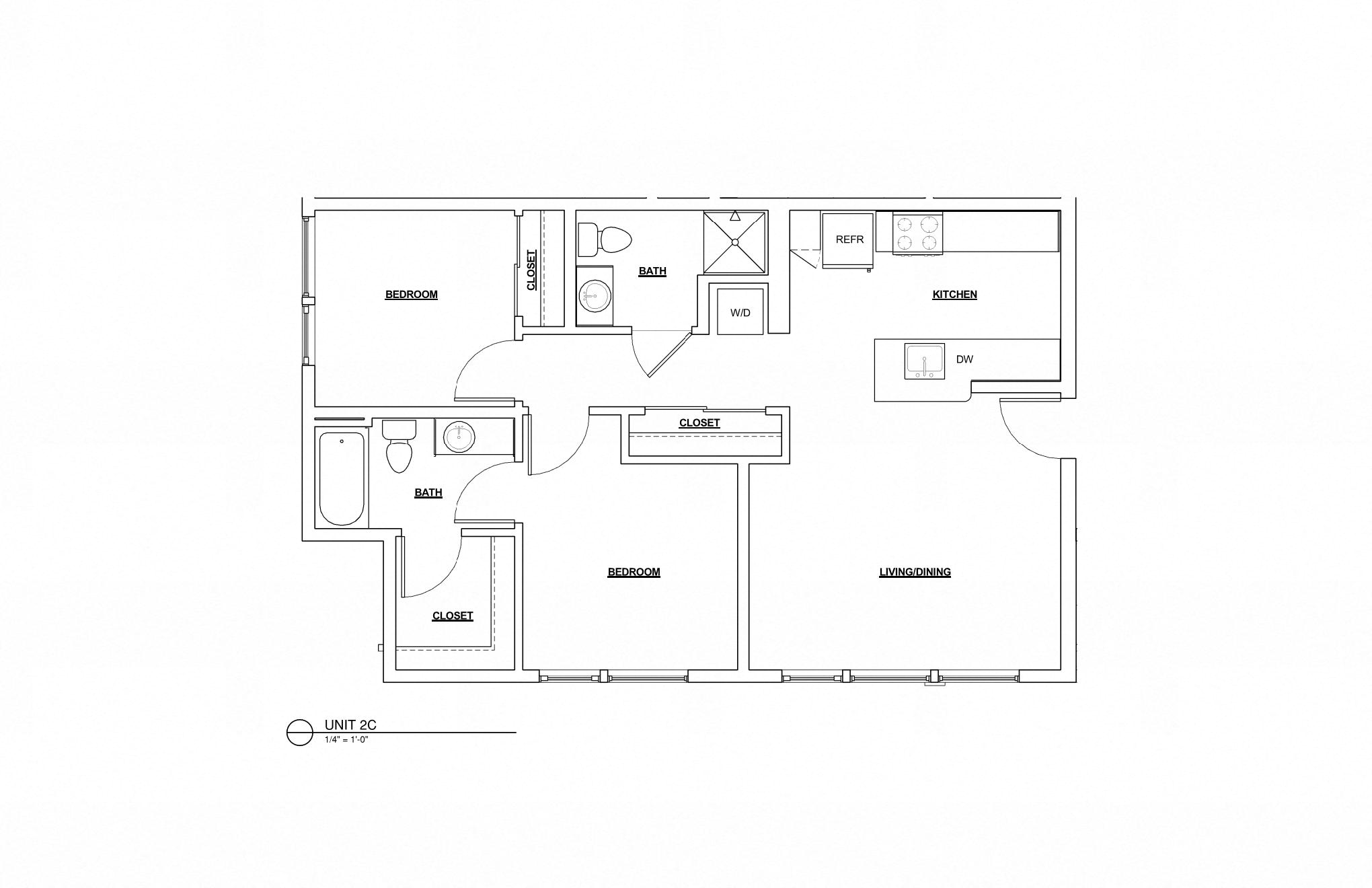 Floor plan for 2 beds, 2 baths, 876 sqft